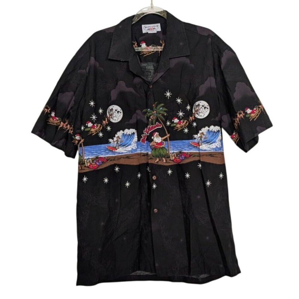 Vintage Pacific Legend Christmas Shirt Mens Size Large Black Hawaiian Santa
